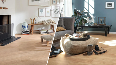 Links Wohnraum mit Kamin und Bilderwand mit Laminatboden, rechts Wohnraum mit Sofa und blauer Wand mit Vinylboden.