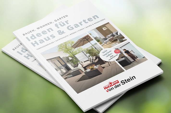 Katalogcover Holzland Von der Stein mit Holzterrasse, Terrassendielen, Loungemöbeln und Garten- sowie Wohnideen.